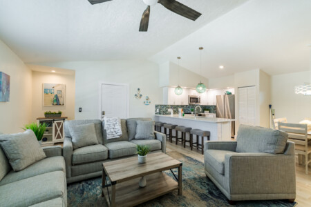 Image of kitchen & living room at Sunrise Bay Property Short Term Rental in Holmes Beach Florida